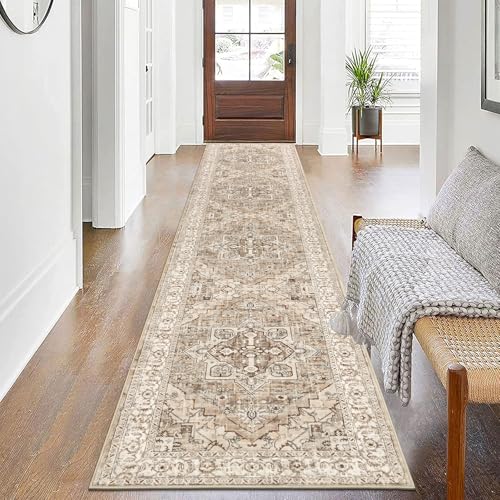 Pauwer Vintage Floral 2x10 Runner Rug, Non Slip Hallway Runner, Beige Brown | Machine Washable, Faux Wool, Low-Pile, Non-Shedding, Soft Distressed Floor Carpet For Entryway, Laundry, Bedroom, Kitchen - color: Beige Brown, size: 2' x 10' (Runner)