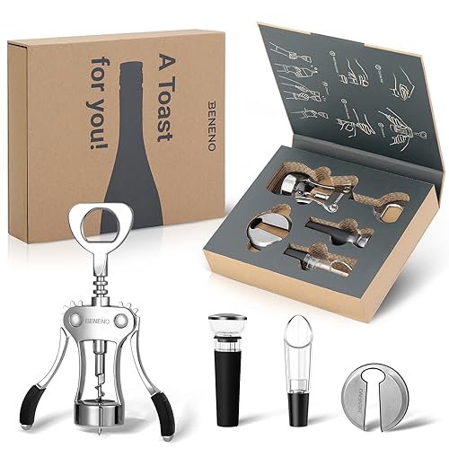 Beneno Corkscrew Wine Bottle Opener Wine Accessories Gift Set, Ingot Silver | Multifunctional Wing Corkscrew Bottle Opener, Foil Cutter, Vacuum Stopper & Aerator Pourer, Perfect for Man Woman - color: Ingot Silver