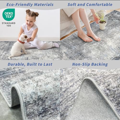 2x6 Non-Slip Washable Kitchen Runner Rug – Modern Coastal Abstract Carpet Runner for Hallway Bedroom Bathroom Laundry Room Entryway – Low-Pile Thin Rubber Backed (Blue Gray 2x6) - color: Blue Gray, size: 2' x 6' (Rectangular)