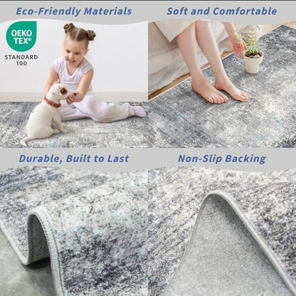 2x6 Non-Slip Washable Kitchen Runner Rug – Modern Coastal Abstract Carpet Runner for Hallway Bedroom Bathroom Laundry Room Entryway – Low-Pile Thin Rubber Backed (Blue Gray 2x6) - color: Blue Gray, size: 2' x 6' (Rectangular)