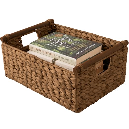 Best Choice Products Wicker Storage Basket, Shelf Organizer Basket w/Wooden Handles, Woven Rectangular Storage Bin, Natural Water Hyacinth for Pantry, Closet, Laundry Room, & Living Room - Chestnut - color: Chestnut
