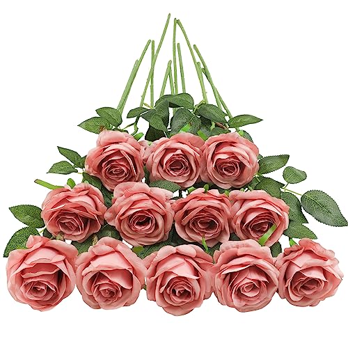 Tifuly 12Pcs Dusty Pink Roses Long Stem Fake Silk Artificial Flowers | 12 Pcs Long Stem Silk Roses, Realistic Fake Roses with Stems for Bridal Bouquets, Home and Office DIY Decor - color: Dusty Pink