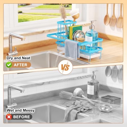 Sponge Holder for Kitchen Sink, Self-draining Sink Caddy with Towel Rack and Brush Holder, Metal Kitchen Countertop Organizers and Storage Essentials, Blue - color: Blue