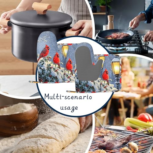Red Cardinal Oven Mitts and Pot Holders Sets,Extra Long Winter Snow Branch Kitchen Mittens for Cooking,Thick Cotton Heat Resistant Silicone Cooking Utensils Set for Baking Cooking Grilling - color: Red Cardinal