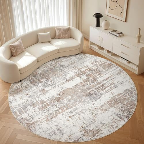 LOONGRUG Round Rug 7x7 Washable Large Neutral Modern Area Rugs Brown | Abstract Soft Stain Resistant Non-Slip Indoor Carpet for Bedroom Nursery Office Dining Room Home House - color: Abstract Grey Brown, size: 7' x 7' (Round)