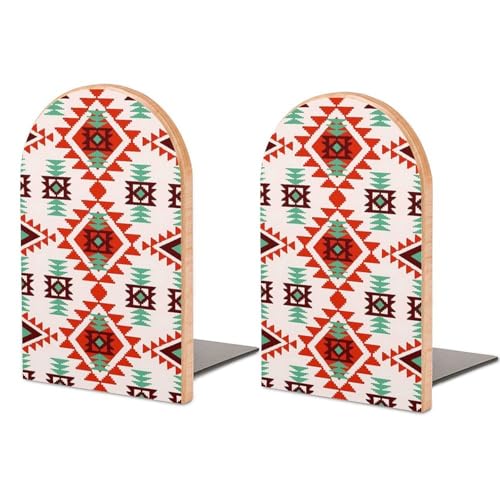 Heavy Duty Non-Slip Beech Wood Bookends, 1 Pair Adjustable Book Ends with Metal Base, Sturdy Book Organizer for Shelves, Home Office Library Tribal Aztec Style Abstract Geometric - color: Tribal Aztec Style Abstract Geometric