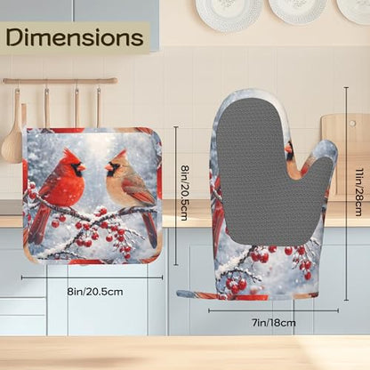 Winter Cardinal Bird Oven Mitts and Pot Holders Sets Silicone Kitchen Mitts Potholders Heat Resistant 4Pcs Oven Gloves Hot Pads for Kitchen Baking Cooking - color: Winter Cardinal Bird