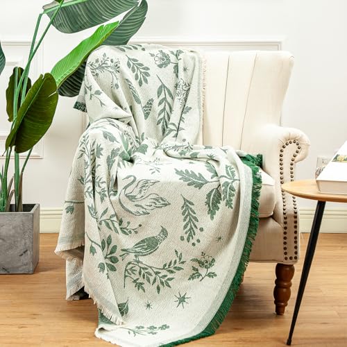 LALIFIT Boho Chic Decorative Throw Blanket Vintage Woodland Floral Bird Design with Tassels Soft Cotton Lightweight & Cozy for Home, Couch, Sofa, Farmhouse 50x60 Inches (Forest Green) - color: Forest Green