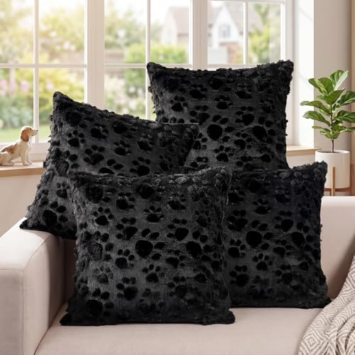 Tiamon 4 Pcs Paw Pillow Covers Paw Print Throw Pillow Covers 18 x 18 Inch Animal Pet Dog Cat Footprints Plush 3D Faux Fur Jacquard Embroidered Cushion Cases for Bed Sofa Couch Decorations - style: Black Paw