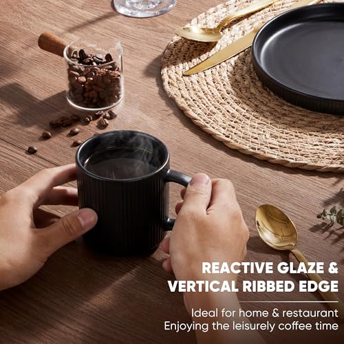 E-far Coffee Mugs Set of 4, 12 oz Stoneware Coffee Cups with Handle for Latte, Tea, Cocoa, Milk, Modern Ribbed Ceramic Mugs for Man Woman, Microwave & Dishwasher Safe, Matte Black - color: Matte Black