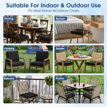 Outdoor Chair Cushions Set of 4, 19x19 Waterproof Patio Pads, Black | Fade resistant fabric with ties, handle and 3-inch foam for dining seats, decks, porches, gardens and hard seating - color: Black