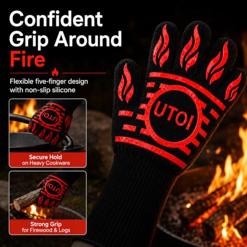 BBQ Grill Gloves, 1472°F Heat Resistant, Long Cuff, XL Non-Slip | Designed for campfire cooking, fire pits, smokers and grilling with silicone grip, EN407 certified protection. - color: Red and Black Bbq Gloves