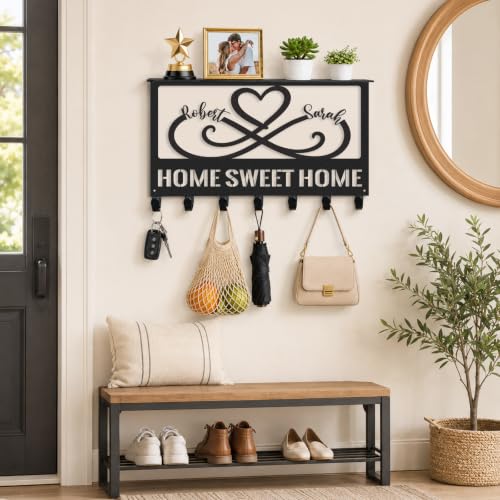 Personalized Metal Key Holder with Shelf, Coat Rack Wall Mount | Custom Names Heart Wall Key Holder with Shelf for Entryway Bedroom, Anniversary & Wedding Gift for Couples - color: Color 01