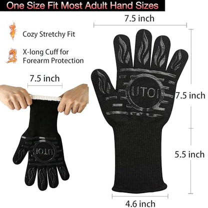 BBQ Grill Gloves, 1472°F Heat Resistant Barbecue Gloves Oven Mitts, Silicone Non-Slip Cooking Gloves for Kitchen, Grilling and Baking, EN407 Certified, 13 inch Long, Black, XL Size - color: Black Bbq Gloves