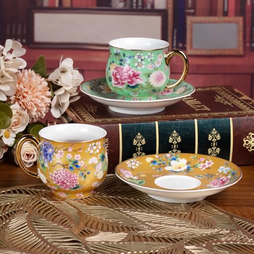 KAMMAK Tea Cup and Saucer, Ceramic Coffee Cups, 7.1 oz, Set of 2 | Porcelain Tea Cups with Saucers for Coffee and Cappuccino, Ideal for Breakfast, Afternoon Tea and Entertaining,942+944N - style: 942N+944N