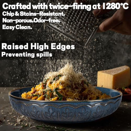 Pasta Bowls, 50oz Large Salad Serving Bowls, 9.75'' Plates Bowls Set of 4, Big Ceramic Soup Bowls for Kitchen, Embossment Shallow Dinner Bowl, Microwave Dishwasher Safe, Wheat Leaf, Blue - color: Blue (Wheat Leaf)