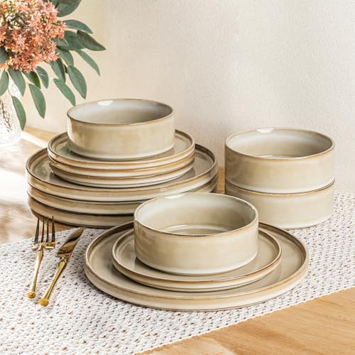 AmorArc Ceramic Dinnerware Sets for 4,12 Piece Plates and Bowls Sets Dishes | Stoneware Handmade Reactive Glaze Dishes Set | Highly Chip and Crack Resistant | Dishwasher & Microwave Safe - color: Cappuccino, size: Service for 4