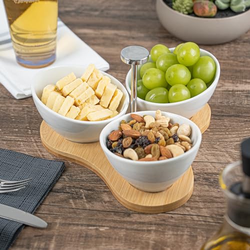 Restaurantware-15 Ounce Bowl Set with Tray - 1 Dishwashable Serving Set, Includes 3 Porcelain Bowls And 1 Bamboo Tray, Durable, White Porcelain And Bamboo Bowl And Platter Kit, Reusable, Freezable - size: Triple set, style: Incline