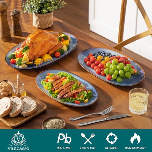 vancasso Ceramic Serving Platters Set of 3, Oval 16/14.7/13.5 Inch Stoneware Serving Dishes for Entertaining, Microwave Safe Serving Trays for Food, Turkey, Cheese, Party, Reactive Glaze Blue - color: Blue