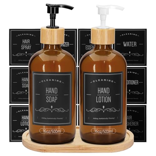 2 Pack 16 Oz Glass Soap Dispenser Set with Tray, Hand Dish Soap Dispenser Set for Bathroom and Kitchen Bottle Dispenser with Dish Soap, Hand Soap, Lotion (Amber) - color: Amber