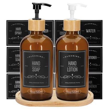 2 Pack 16 Oz Glass Soap Dispenser Set with Tray, Hand Dish Soap Dispenser Set for Bathroom and Kitchen Bottle Dispenser with Dish Soap, Hand Soap, Lotion (Amber) - color: Amber