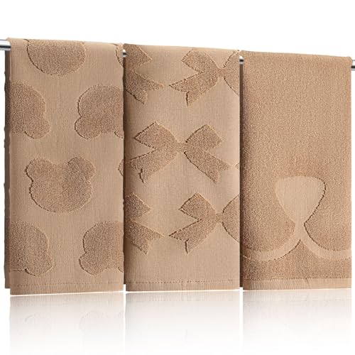 Hahafelt 3 Pack Cute Bear Hand Towels for Bathroom 100% Cotton Brown Decorative Bow Jacquard Weave Towels Absorbent Soft for Kitchen Bathroom Decor Gifts, 29.5 x 13.7 Inch - style: Bear
