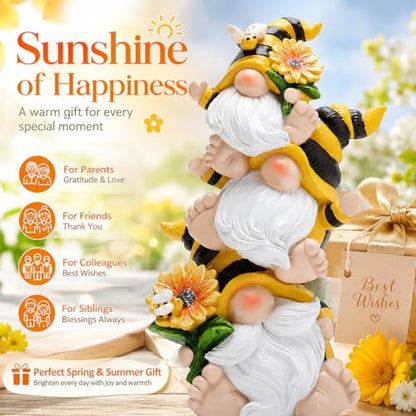 Hodao Bee Gnome Decor Statue, Resin Stacked Gnome Figurine with Sunflower and Bumblebee Details, Cute Farmhouse Tiered Tray Shelf Table Accent for Spring Summer Home Gift - style: Stacked Bee Gnome