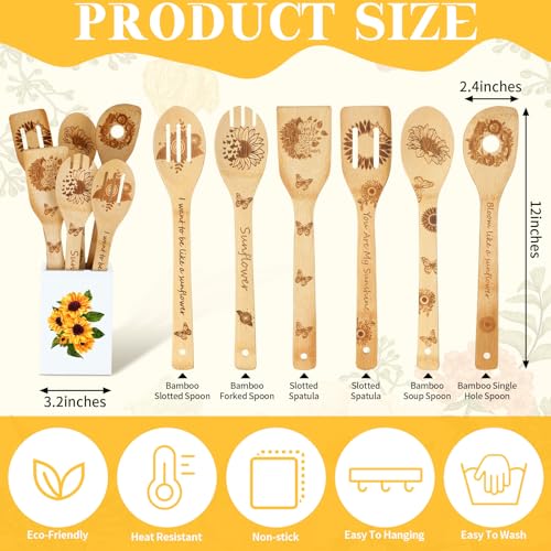 7 Pcs Sunflower Kitchen Utensils Set Bamboo Spoons for Cooking with Utensils Holder Sunflower Kitchen Decor Cute Utensil Caddy Farmhouse Kitchen Counter Decor for Countertop