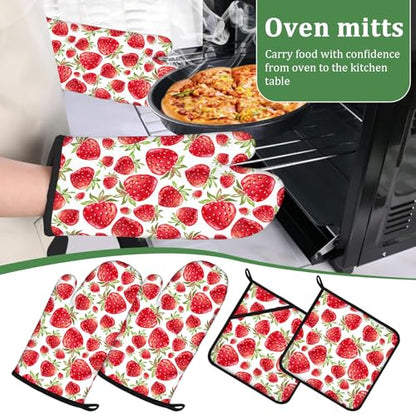 Watercolor Strawberry Oven Mitts and Pot Holders Set 4 Pcs Extra Long Heat Resistant Gloves Potholder for Baking, BBQ, Grilling - color: Watercolor Strawberry
