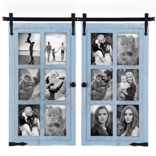 Sintuff 2 Sets 6 Opening Picture Frame Collage, Fit 5x7 Photos, Distressed Blue Wooden Barn Door Window Farmhouse Picture Frame Collage for Living Room Bedroom Wall Decor - color: Distressed Blue, size: Fit 5x7, style: 6 Opening
