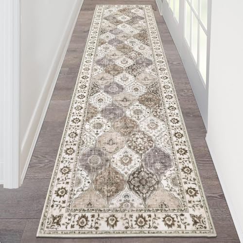 HEBE Hallway Runner Rug 2'x8', Washable Non Slip Kitchen Rug Runner | Soft Boho Bedroom Runner Rug, Vintage Distressed Low-Pile Floor Carpet Runners for Hallway, Entrance, Bathroom, Laundry - color: Beige, size: 2' x 8' (Rectangular)