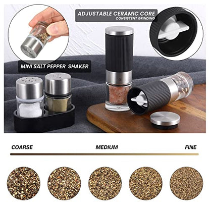 VEVOK CHEF Mini Salt and Pepper Grinder set with 2 Small Salt and Pepper Shakers Portable Cute Tiny Spice Grinder Pepper Mill Salt Grinder for Travel, Work, Camping, Party, School, Lunch Box - color: Black