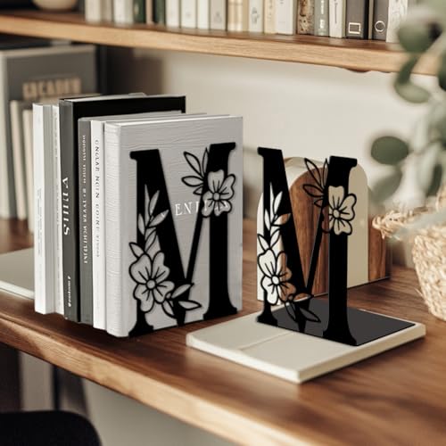 5.3"x4.3"x7.1" Metal Bookends, Heavy Duty Book Ends for Shelves | Letter M with Flowers Theme Cast Iron Book Supports, 1 Pair Decor Stoppers for Desk, Library, Office & Home Shelves - style: Letter M with Flower