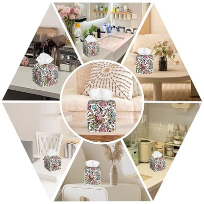 Scattered Cosmetics Tissue Box Cover Square, Perfume and Lipstick Tissue Box Holder with Bottom Belt Leather Facial Paper Organizer Dispenser for Bathroom Bedroom Dresser Night Stand Tabletop - color: Scattered Cosmetics