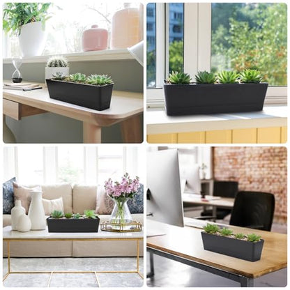 GREANER 12x3.8 Inch Herb Planters, 1 Pack Rectangle Window Boxes with Tray, Indoor Succulent Cactus Mint Plastic Pot for Windowsill, Balcony, Office, Outdoor Garden - Black - size: 1Pack/12x3.8in-black