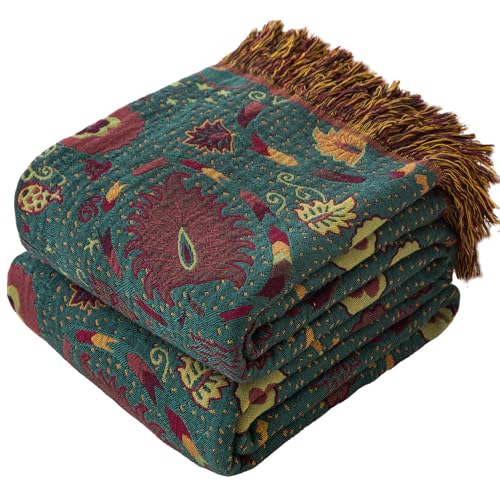 Phuryllic Boho Throw Blanket Twin Size, Soft Cozy Cotton Muslin Quilt Blanket for Bed Decor, Floral Patterned Couch Sofa Chair Cover, Vintage Farmhouse Cottage Tapestry Woven Blanket, Green&Orange - color: Peacock Tail, size: 60" x 80"