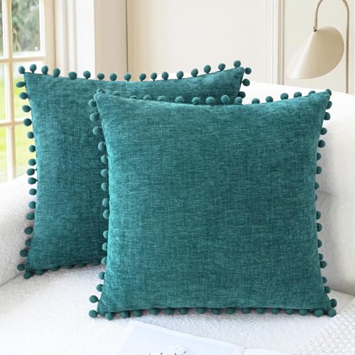 CaliTime Decorative Couch Throw Pillow Covers 16 X 16 Inches Teal | Pack of 2, Cozy Chenille Cushion Cases, with Pom Poms for Sofa Bed Living Room Farmhouse Home - color: Teal, size: 16" x 16" (Pack of 2)
