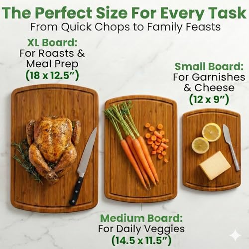 LUXURIOUS Bamboo Cutting Board 3-Piece Set with Carbonized Vertical Grain Strength Technology - Extra Large Wooden Cutting Boards for Kitchen with Deep Juice Grooves - Lifetime Replacements - color: Carbonized Dark Brown