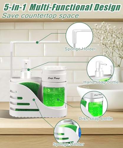 Kitchen Soap Dispenser Set, 4-in-1 Dual Hand and Dish Soap Dispenser with Sponge Holder and Dishcloth Holder for Kitchen Sink (White) - color: White