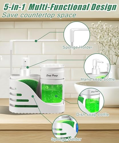 Kitchen Soap Dispenser Set, 4-in-1 Dual Hand and Dish Soap Dispenser with Sponge Holder and Dishcloth Holder for Kitchen Sink (White) - color: White