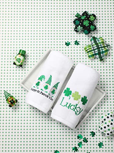 St. Patrick's Day Hand Towels 100% Cotton Embroidered Green Gnome Shamrock Decorative Bathroom Kitchen Dish Towels Set Gift Set of 2 14x29 inch - color: St.gnome