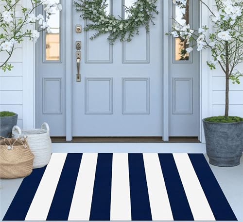 Blue and White Layered Doormat 2.3'x3.6',Washable Striped Front Porch Rug | Hand-Woven Cotton Door Mats Outdoor Farmhouse Small Area Rug Combined With Hello Welcome Mat - color: Navy Blue, size: 2'4" x 3'7" (Rectangular)