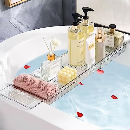 Expandable Bathtub Tray, Adjustable Bathtub Caddy Tray Bathtub Caddy for Luxury Bath, Multifunctional Bathtub Storage Rack for Book Wine Glasses Phone Bath Products, with Anti-Slip mat - color: Transparent