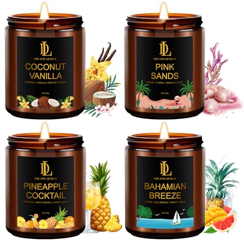 Scented Candles Set, 4 Pack Soy Candles for Home Scented, Candle Gifts for Men Women, Scents of Pineapple Cocktail/Coconut Vanilla/Pink Sands/Bahamian Breeze - color: Coconut Vanilla/Pineapple Cocktail/Pink Sands/Bahamian Breeze, size: 4 Pack
