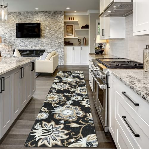 Lahome Floral Black Runner Rug - 2x8 Kitchen Runners Non Skid Washable 8 Ft Non-Slip Stain Resistant Long Runner Rugs for Hallway, Paisley Print Accent Ultra-Thin Runners for Bedroom Entryway Foyer | Non-Slip Stain Resistant Long Runner Rug for Hallway, P