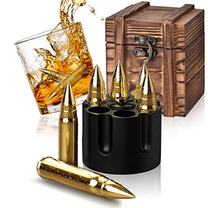 Gifts for Men Dad Father's Day, Birthday Gift from Daughter Son Wife Kids, Whiskey Stones with Wooden Box, Unique Ideas for Him Husband, Cool Bourbon Gadget - color: Gold - Wooden Box