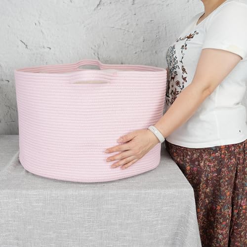 XUANGUO Extra Large Cotton Rope Round Storage Basket 22" x 14" Pink | Woven basket for blankets, toys, towels, laundry, nursery, living room and pet toy storage. - color: pink