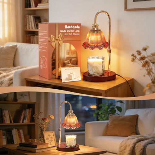 Banbanda Candle Warmer Lamp with Timer Dimmable: Birthday Gifts for Women, Safe Flameless Scent Lamp – Height Adjustable Candle Lamp, Walnut Solid Wood Base, with 2 Bulbs - color: Amber