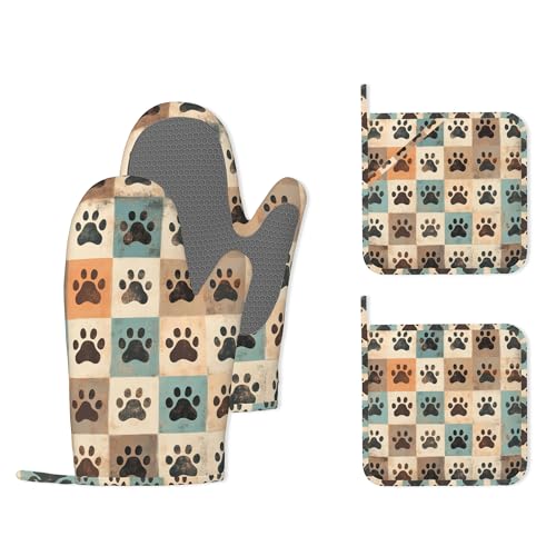 Cute Paw Print Heat-Resistant Silicone Oven Mitts and Pot Holder 4 Piece Set,Vintage Non-Slip Kitchen Oven Gloves for Baking, BBQ, Cooking,Grilling - color: Cute Paw Print Vintage
