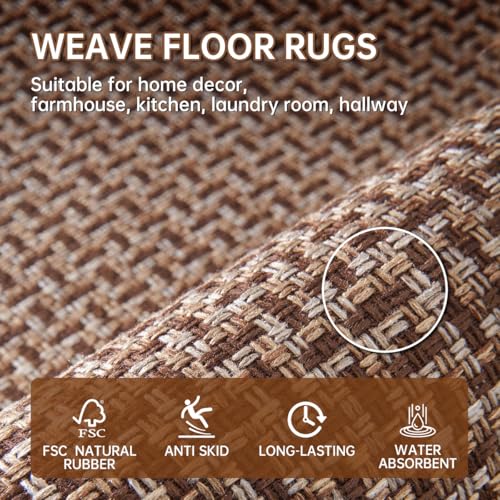 eqivei Kitchen Rugs and Mats Non Skid Washable Set of 2 PCS, Absorbent Runner Rugs for Kitchen, Farmhouse Weave Floor Mats in Front of Sink, 17.3"x 47"+17.3"x 29" (Brown) - color: Brown
